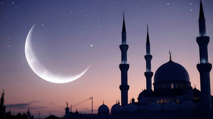 Grand mosque silhouette at twilight with crescent moon and shining stars