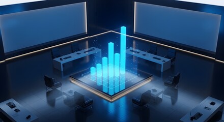 Futuristic digital graph display in a modern boardroom with glowing screens.
