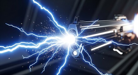 Futuristic High Power Electric Gun Surrounded by Bright Lightning