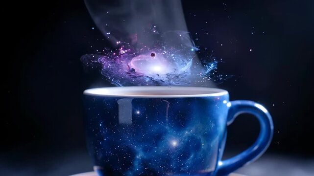 A blue coffee mug with a starry night design and galaxy steam rising above