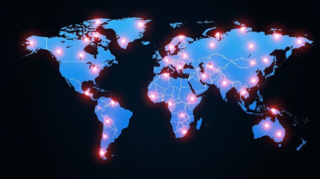 A blue map of the world with glowing red dots, showing connected network or data