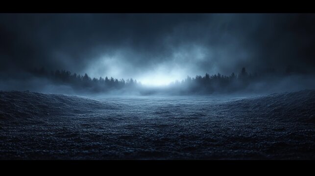 Eerie frost-covered field shrouded in mist before a dark pine forest under a brooding blue night sky