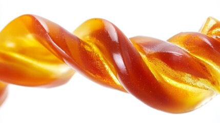 Extreme close-up of single twisted fruit caramel hard candy with visible layers of caramelized sugar in rich amber and fruit colors, perfect transparency and light refraction, suspended against pure
