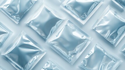 Professional product mockup of crystal-clear candy packaging sachets in square and rectangular formats, empty and ready for branding, precise manufacturing details visible on heat-sealed edges,