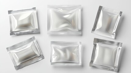 Collection of pristine transparent candy packaging pouches in various configurations shown from multiple angles, floating composition against white background, ultrasharp focus revealing
