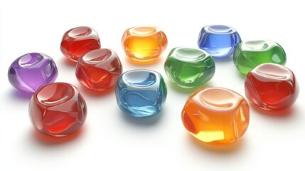 Ultra-realistic 3D render of assorted filled hard candies arranged in perfect composition, showing cross-sections with visible creamy centers, outer shells in vibrant jewel tones of ruby red, emerald