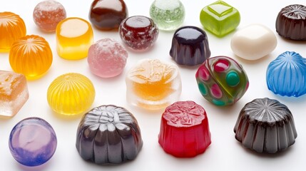 Premium 3D visualization of gourmet filled hard candies collection, strategic arrangement showing variety of flavors through distinct colors, some candies broken to reveal creamy or liquid centers,