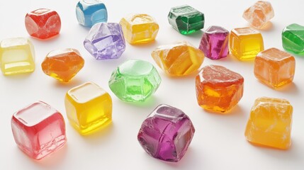 Premium 3D visualization of gourmet filled hard candies collection, strategic arrangement showing variety of flavors through distinct colors, some candies broken to reveal creamy or liquid centers,