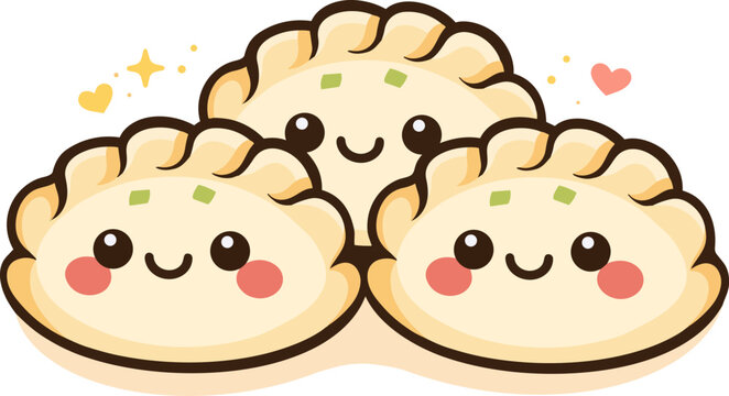 Cute kawaii gyoza dumplings set of three with smiling faces and rosy cheeks. Flat cartoon illustration with thick outlines and soft warm colors.
