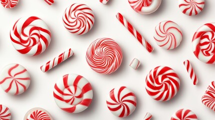 Whimsical Christmas candy collection arranged in intricate seamless pattern, showcasing vintage-inspired peppermint treats including perfectly rendered candy canes with characteristic hook shapes,