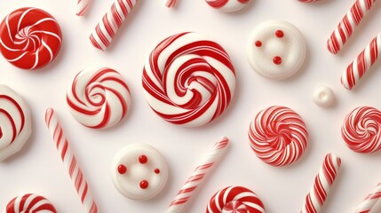 Sophisticated holiday confectionery pattern featuring artisanal Christmas candies arranged in balanced composition, including classic curved candy canes with perfect stripes, traditional peppermint