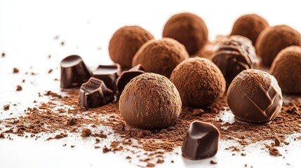 Gourmet chocolate confections displayed in artistic arrangement, featuring rustic handmade cocoa truffles with generous dusting of premium cocoa powder, selection of truffles embellished with glossy