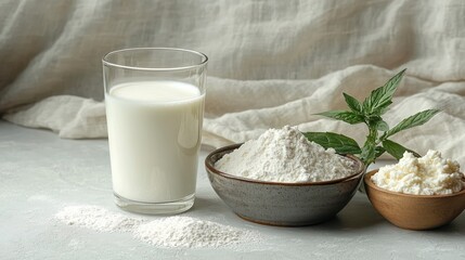 Glass of fresh milk next to a bowl of white flour, a wooden bowl of cottage cheese, and a sprig of green herbs on a light surface with a soft fabric background