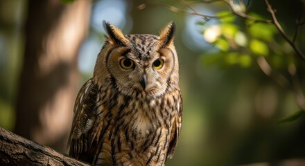 Fototapeta premium A close-up of a Great Horned Owl perched on a tree branch, with a blurred forest background. The owl's eyes are wide open, and its feathers display a mix of brown, tan, and white hues.