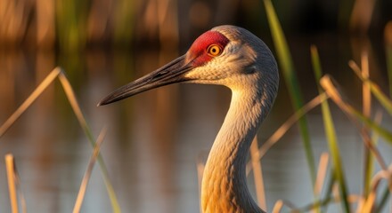 Fototapeta premium A close-up of a Sandhill Crane in a wetland during golden hour, showcasing its striking red crown and long neck.