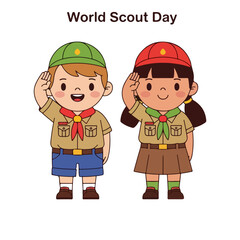 Flat lay of various World Scout Day icons and symbols on a clean white background with a mix of colorful illustrations and a sense of adventure and friendship.