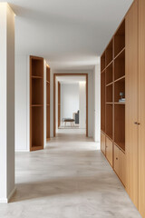 Modern Hallway with Built-in Wooden Shelving and Open Doorways Leading to Rooms