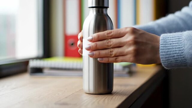 Close Up Of A Person's Hands Applying A Blank White Label Sticker To A Brushed Metal Water Bottle Sitting On A Wooden Desk With Colorful Binders And Notebooks In The Background Providing A Neutral