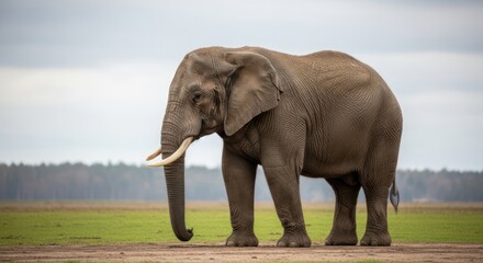 Obraz premium A solitary elephant standing in a grassy field with a forest in the background.