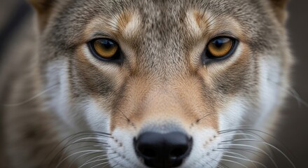 Fototapeta premium A close-up of a wolf's face with intense yellow eyes, set against a blurred background.