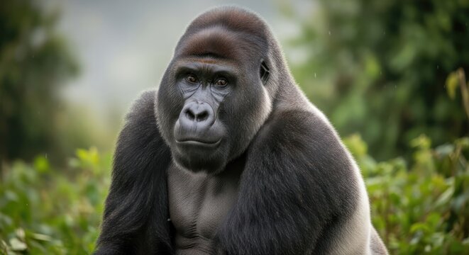 A solitary gorilla in a natural, lush environment, possibly a forest or jungle, with a focused and intense gaze.