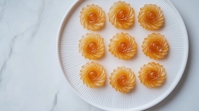 Aerial view of traditional Nigerian Balewa candy arranged in spiral pattern on minimalist white ceramic plate, amber-colored hard sugar strands with visible crystalline texture, soft natural lighting