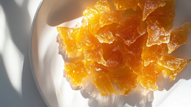 Top-down capture of handcrafted Nigerian pulled sugar candy on pristine white plate, intricate crisscrossing pattern of amber and caramel colored Balewa strands, subtle shadow casting showing