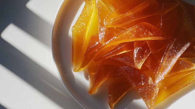 Top-down capture of handcrafted Nigerian pulled sugar candy on pristine white plate, intricate crisscrossing pattern of amber and caramel colored Balewa strands, subtle shadow casting showing