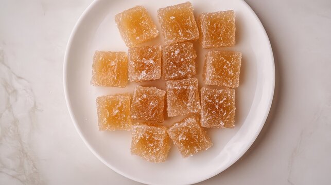 Flat lay of artisanal Nigerian Balewa hard candy centered on simple white plate against neutral background, detailed view of caramelized sugar threads with varying amber tones, high-resolution macro