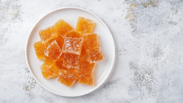 Flat lay of artisanal Nigerian Balewa hard candy centered on simple white plate against neutral background, detailed view of caramelized sugar threads with varying amber tones, high-resolution macro