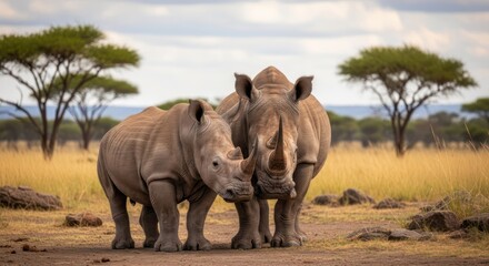 Fototapeta premium Two rhinoceroses standing in a savanna landscape with dry grass and trees in the background.
