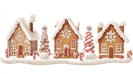 Festive vector artwork featuring traditional gingerbread houses with elaborate decorative details, precision illustrated royal icing snowflakes and filigree patterns, candied elements including