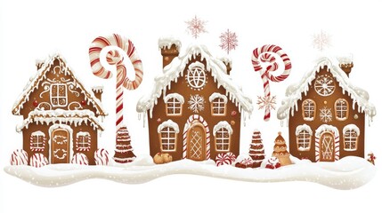 Festive vector artwork featuring traditional gingerbread houses with elaborate decorative details, precision illustrated royal icing snowflakes and filigree patterns, candied elements including
