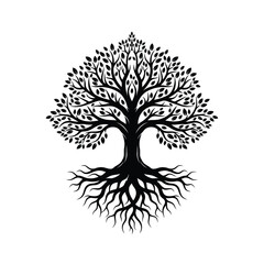 Fototapeta premium Detailed black silhouette of a full tree with lush foliage and extensive root system