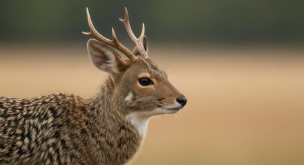 Obraz premium A solitary deer with antlers, gazing into the distance, set against a blurred natural backdrop.