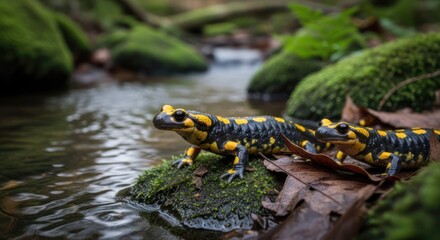 Fototapeta premium Two salamanders in a forest stream, surrounded by moss and greenery, with a blurred background highlighting the focus on the creatures.