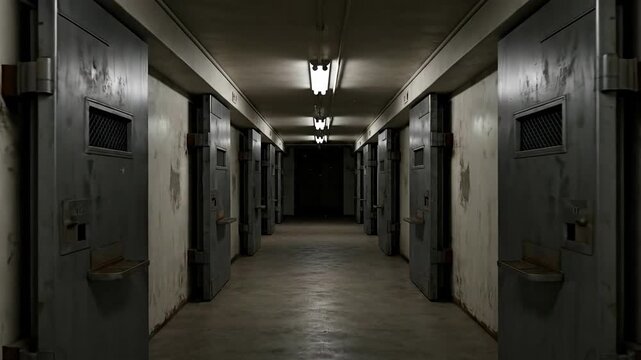 An eerie corridor lined with prison cells, evoking a sense of isolation.