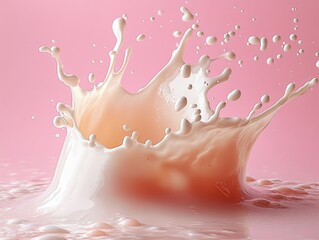 Creamy pale pink milk splash forming a crown with flying droplets on a glossy pastel background, energetic playful motion