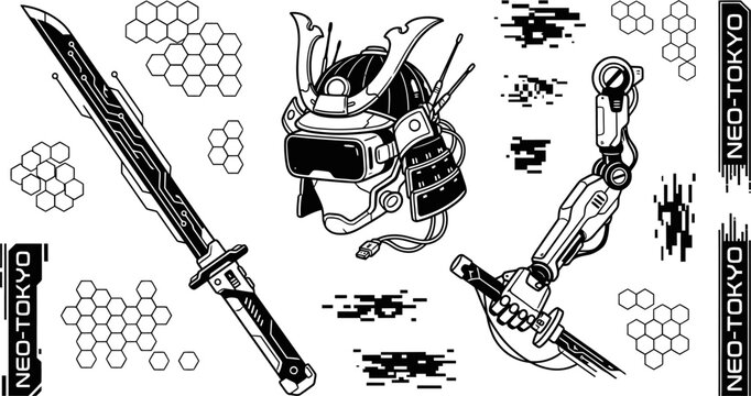 Cyberpunk samurai equipment with katana and bionic arm vector illustration