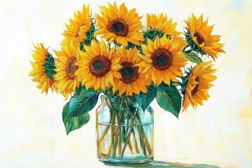 cheerful bouquet of sunflowers in a clear glass jar with green leaves on a light background