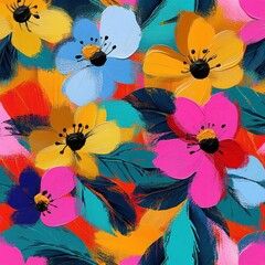 vibrant hand-painted flowers with bold petals, dark centers and teal leaves, textured brushstrokes creating a joyful, energetic floral composition