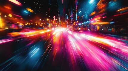 Vibrant neon city street at night with streaking headlight and taillight trails, blurred buildings and a thrilling sense of speed