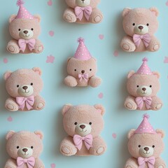 repeating arrangement of plush teddy bears with pink bows and polka dot party hats on a pastel blue background with scattered heart confetti, cheerful and playful