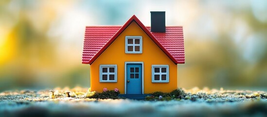cozy small yellow toy house with red roof, blue door, white windows and chimney on mossy ground with tiny flowers and dreamy soft bokeh background