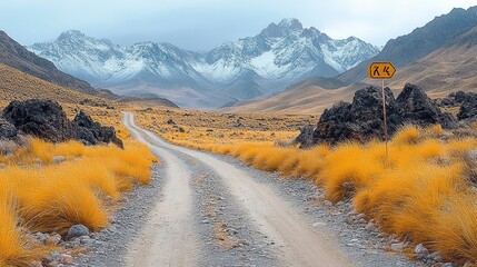 Winding dirt road through golden tussock and dark rocky outcrops toward snow-capped mountains under a moody cloudy sky with a solitary roadside sign evoking quiet solitude