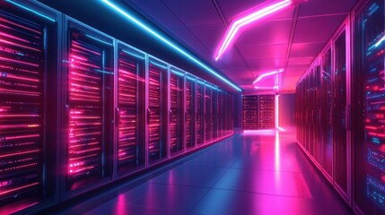 Neon-lit server room corridor with rows of glowing server racks, reflective floor and futuristic cyberpunk lighting conveying a sleek, high-tech mysterious atmosphere
