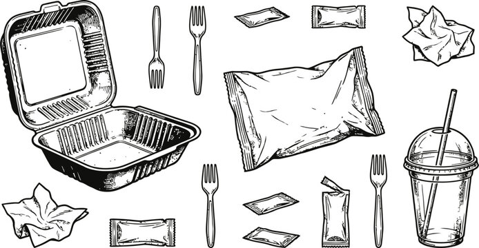 Disposable fast food packaging waste and takeout containers vector illustration