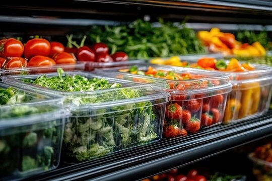 fresh colorful supermarket produce display with plastic clamshell containers of lettuce, strawberries, cherry tomatoes and bell peppers conveying appetizing vibrancy