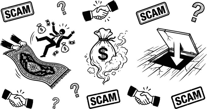 Financial scam and rug pull icons for investment fraud vector illustration