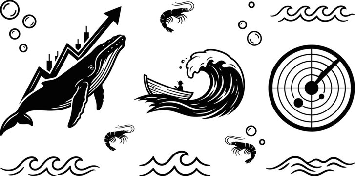 Financial whale and shrimp market icons vector set